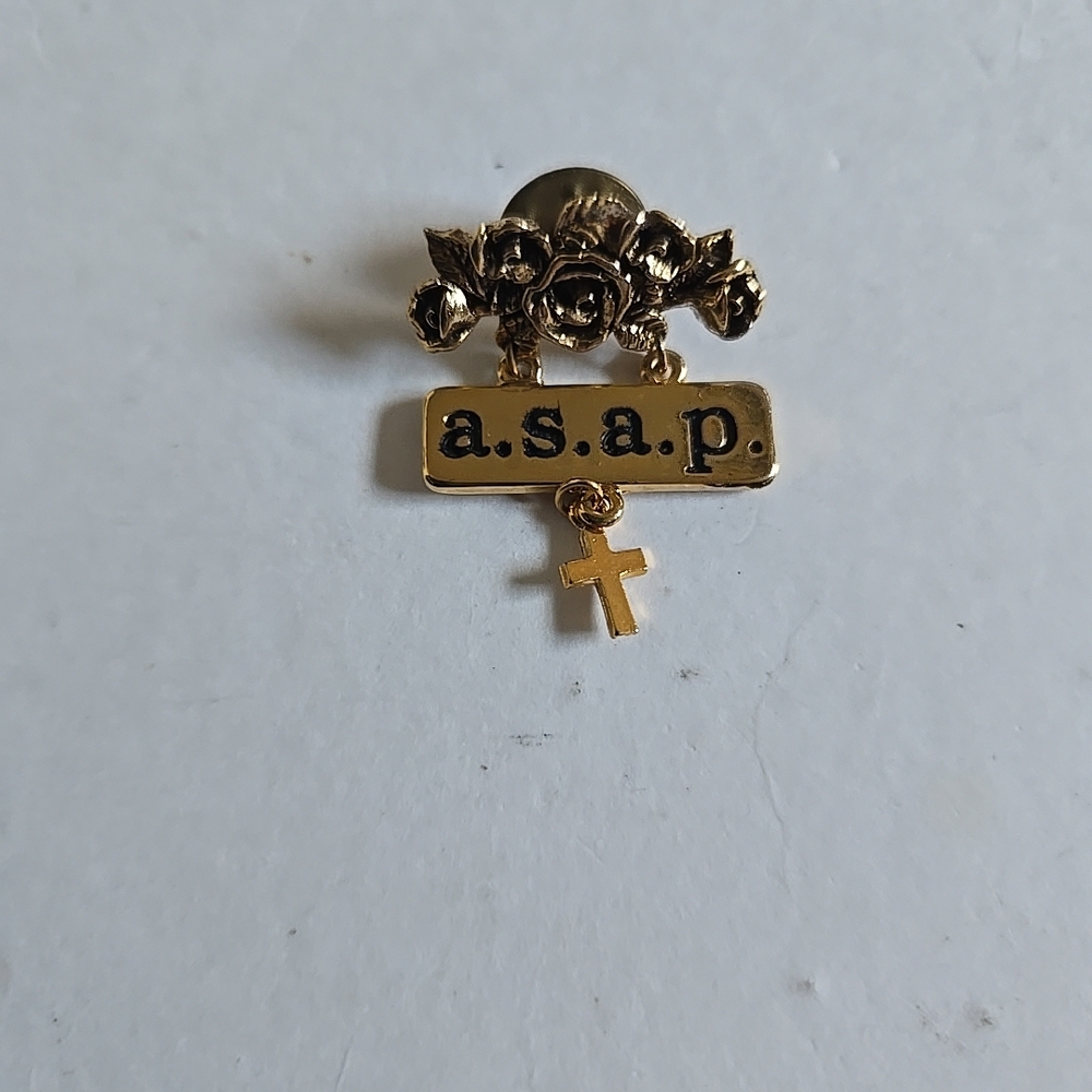 Abbey Press Roses ASAP Dangle Cross Pin Lapel Gold Tone Collectible Vintage